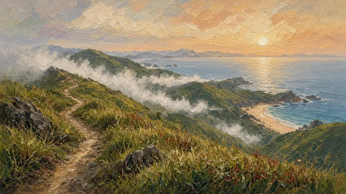油畫風插圖:清晨雲霧中的香港山脊小徑,沿路望向海灣